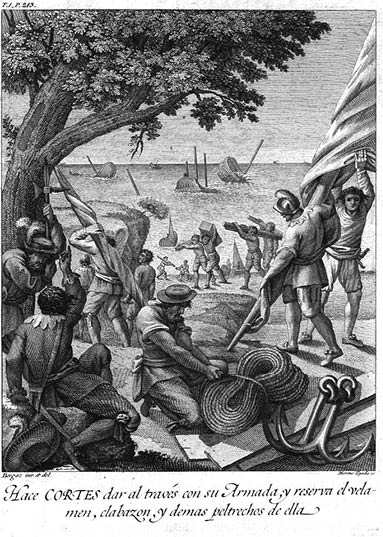 Josef Ximeno  HACE CORTÉS DAR AL TRAVÉS CON SU ARMADA Y RESERVA EL VELAMEN Y DEMÁS PERTRECHOS DE ELLA (QUEMA LAS NAVES CORTÉS, HUNDE SU FLOTA)1738    Grabado   En     Antonio de Solís, Historia de la conquista de México, población y progresos de la América septentrional, conocida con el nombre de Nueva España, Madrid, Imprenta de A  de Sancha, 1783
