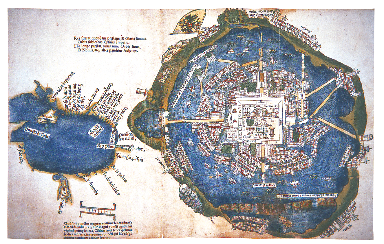 G 4206  Mapa de México - Tenochtitlan atribuido a Hernán Cortés; también aparece el Golfo de México  Praeclara de Nova Maris OceaniHyspanianarratio    , Nuremberg, 1524  Xilografía coloreada a mano, 31 x 46 5 cm  Newberry Library, Chicago     Reprografía: Agustín Uzárraga   Raíces