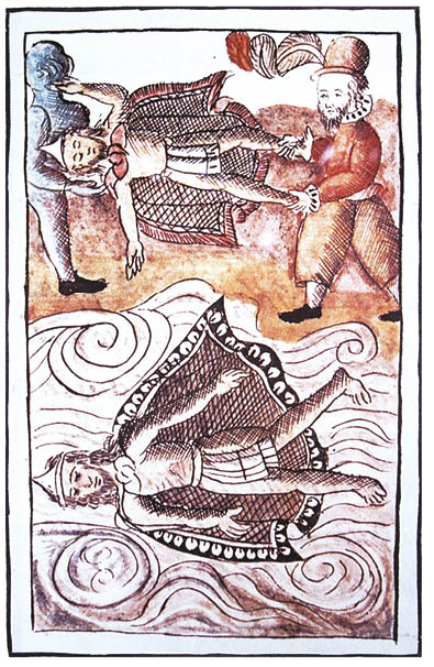 G 10094  Códice Florentino, libro XII, f  40v   De la conquista mexicana    Se representa a los españoles tirando los cuerpos de Moctezuma y del gobernador de Tlatilulco (Tlatelolco)    Reprografía: Marco Antonio Pacheco   Raíces