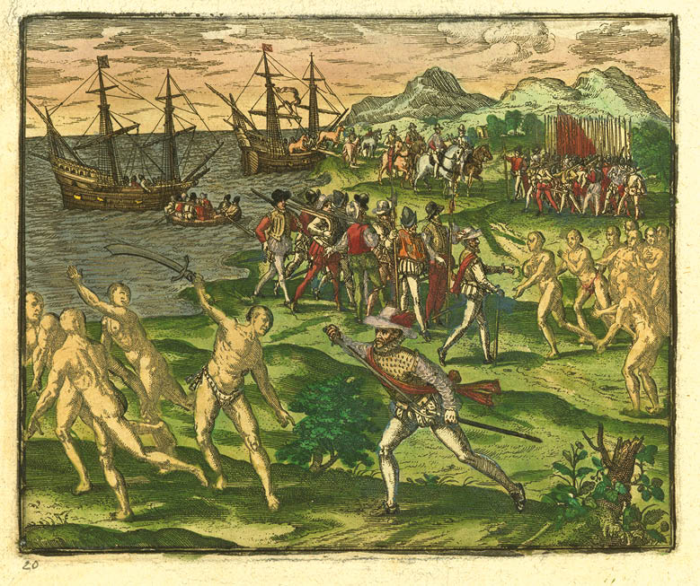 JCB Archive of Early American Images  Record   Accession number:  34724  Record number:  34724-20  JCB call number:  J590 B915v GVL5 1   2-SIZE  Image title:  Franciscus Monteio Lucatanae provinciae praeficitur  Quidam ex Cacicis, foedus cum illo contrahere velle simulans, tragula illum conficere conatur   Place image published:   Frankfurt am Main   Image publisher:   Theodor de Bry   Image date:   1595   Image function:  illustration; Plate 19  Technique:  engraving, hand coloring  Image dimension height:  15 6 cm   Image dimension width:  19 cm   Page dimension height:  34 5 cm   Page dimension width:  23 5 cm   Materials medium:  ink, colors  Materials support:  paper