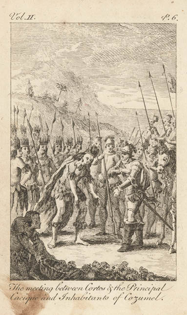 Image title:  The meeting between Cortes & the Principal Cacique and Inhabitants of Cozumel   Place image published:   London   Image publisher:   J  Newbery   Image date:  1761  Image function:  plate; vol  2, following p  8  Technique:  engraving  Image dimension height:  9 6 cm   Image dimension width:  6 cm   Page dimension height:  13 2 cm   Page dimension width:  7 5 cm   Materials medium:  ink  Materials support:  paper  Description:  At a shore, a native American cacique or chief bows toward Hernán Cortés  Both leaders have groups of soldiers holding spears behind them  Includes native American spreading fruits from a basket, feathered headdresses, clothing, and cape, and a horse   Source Title:  The world displayed; or, A curious collection of voyages and travels, selected from the writers of all nations      vol  II   Source place of publication:  London  Source publisher:  Printed for J  Newbery, at the Bible and Sun, in St  Paul's Church-Yard  Source date:  1761  notes:  Volume two contains an account of the conquest of Mexico by Hernán Cortés 