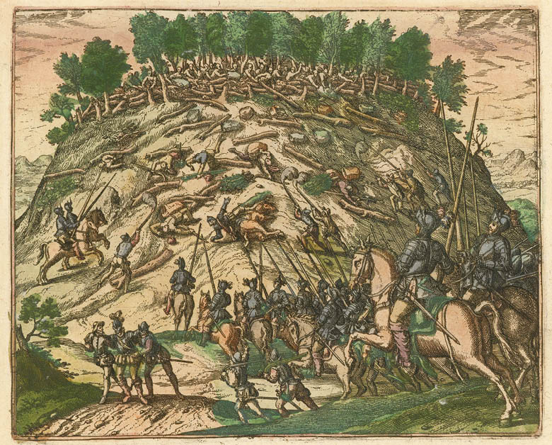 JCB Archive of Early American Images  Record   Accession number:  34724  Record number:  34724-23  JCB call number:  J590 B915v GVL5 1   2-SIZE  Image title:  Petrus Alvaradus missus ab Antonio de Mendozza in Sibollae provinciam, cum plerisque è suis à Xaliscanis occiditur   Place image published:   Frankfurt am Main   Image publisher:   Theodor de Bry   Image date:   1595   Image function:  illustration; plate 22  Technique:  engraving, hand coloring  Image dimension height:  15 1 cm   Image dimension width:  18 8 cm   Page dimension height:  34 5 cm   Page dimension width:  23 5 cm   Materials medium:  ink, colors  Materials support:  paper  Description:  Native Americans roll logs down a hill while European soldiers attack from the bottom  Includes scene of warfare, guns or muskets, horses, and spears   Source Title:   America  Pt 5  Latin  Americae pars quinta nobilis & admiratione plena Hieronymi Bezoni Mediolanensis secundae setionis Hispanorum      Source place of publication:  Franc   Frankfurt am Main   Source publisher:  Theodoro de Bry  Source date:  M D XCV   1595   notes:  Pedro Alvarado, en route for the Moluccas, stopped in Mexico and while there was influenced by the viceroy Antonio de Mendoza, to undertake a search for the fabled Cibola  The native Americans of Jalisco, the Chichimecs, revolted against the Spanish in 1541 in the Mixtón War  While leading Spanish forces against the the Chichimecs, Alvarado was mowed down by a tree trunk or boulder that the defenders were rolling down their hilltop stronghold and pinned under his horse  He subsequently died This work was published by Theodor de Bry and is derived from the second part of Girolamo Benzoni, Historia del mondo nuovo, Venice, 1565  Theodor de Bry's America  Pt  5  Latin  Imprint information from colophon 