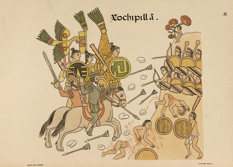 Lienzo de Tlaxcala (página 58), el virrey Antonio de Mendoza acompañado de aliados tlaxcaltecas se enfrenta a los caxcanes y zacatecos en Xochipillā  El lugar es representado en la parte superior derecha con un niño sosteniendo un ramo de flores (xochitl)  GUERRA DEL MIXTÓN