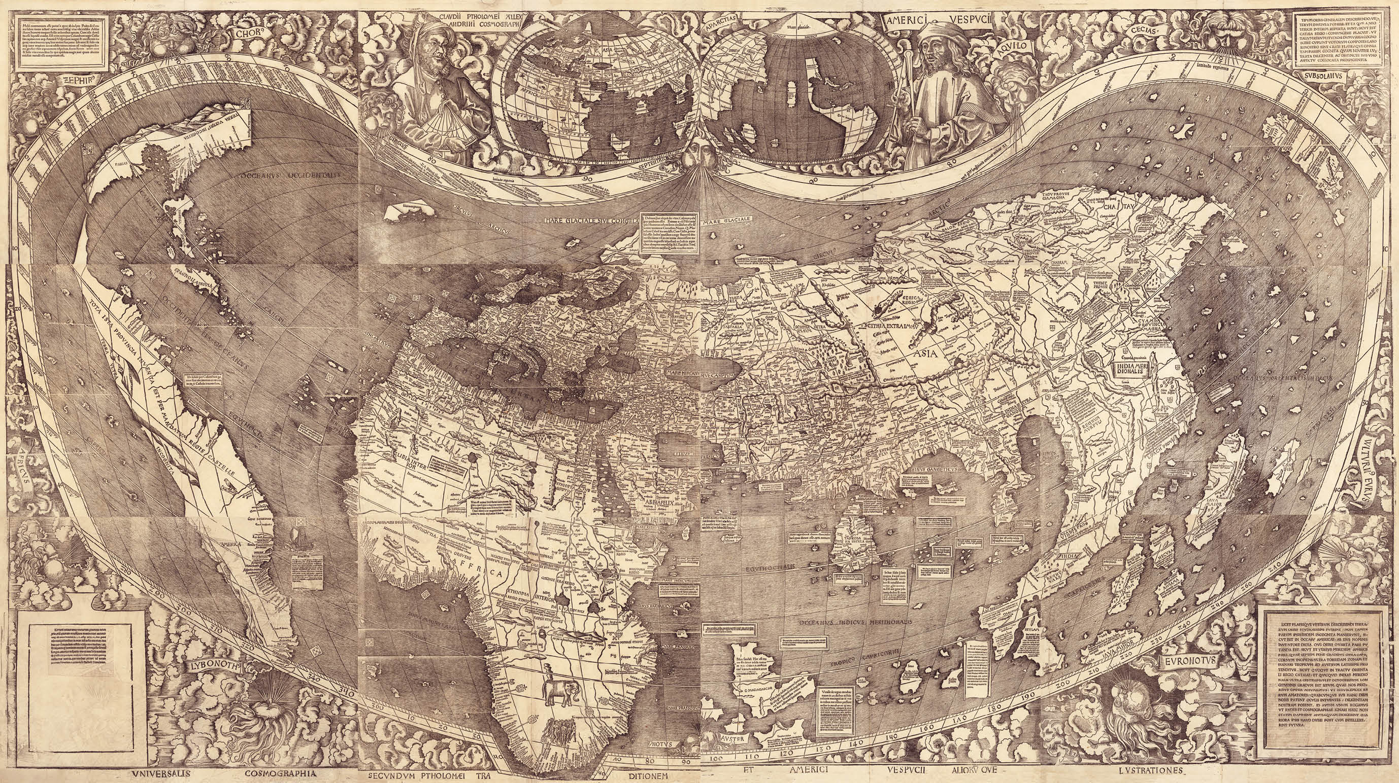 Title mapa mundo  Universalis cosmographia secundum Ptholomaei traditionem et Americi Vespucii alioru m que lustrationes   Other Title  Universalis cosmographia secundum Ptholomaei traditionem et Americi Vespucii aliorū que lustrationes  Contributor Names  Waldseemüller, Martin, 1470-1519   Created   Published   Strasbourg, France  : s n , 1507   Subject Headings  -  Earth  Genre  World maps  Early maps  Notes  -  Relief shown pictorially   -  First document known to name America   -  Red ink grid on 2 sheets  Text applied over blank areas on 2 sheets  Manuscript annotations in the margin of 1 sheet   -  All sheets bear a watermark of a triple pointed crown   -  Two stamps on verso of upper left hand sheet: Fürstl  Waldburg Wolfegg'sches Kupferstichkabinett -- Furstl  Waldbg  Wolf  Bibliothek   -  Exhibited: Rivers, edens, empires: Lewis & Clark and the revealing of America, Library of Congress, Washington, D C , July 24-Nov  29, 2003   -  Available also through the Library of Congress Web site as a raster image   -  Includes text and ill   -  Printed surrogate in vault available for reference   -  LC digital image is a composite map from the twelve separate sheets   -  Originally bound with Waldseemüller's 1516 Carta marina in the Schöner Sammelband   Medium  1 map on 12 sheets ; 128 x 233 cm , sheets 46 x 63 cm  or smaller   Call Number Physical Location  G3200 1507  W3  Repository  Library of Congress Geography and Map Division Washington, D C  20540-4650 USA dcu  Digital Id  http:  hdl loc gov loc gmd g3200 ct000725C  http:  hdl loc gov loc gmd g3200 ct000725  Library of Congress Control Number  2003626426  Online Format  image  LCCN Permalink  https:  lccn loc gov 2003626426  Library of Congress Online Catalog