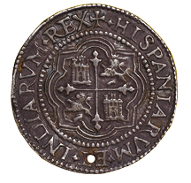 1636  Anverso: PHILIPVS   IIII   DEI   G (Felipe IV por la gracia de Dios);   al centro, el escudo español de la casa de Austria  Reverso:  HISPANIARVM   INDIARVM   REX (Rey de España y de las Indias),   con dos hileras de perlas y el escudo de armas de Castilla y León  COL  MUSEO NUMISMÁTICO NACIONAL, SHCP