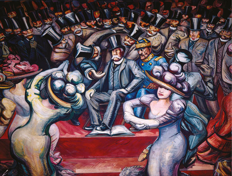 211Del porfirismo a la Revolución  Autor: David Alfaro Siqueiros Fecha de realización: 1957 a 1966 Ubicación: Sala Siqueiros La obra abarca el periodo de 1906 a 1914  En la primera parte se observa al general Porfirio Díaz rodeado de su gabinete, el poder militar representado por Victoriano Huerta y José Yves Limantour, secretario de Hacienda y dirigente del grupo llamado  los Científicos   Simboliza la instauración de un poder cuya eficacia se basó en el apoyo a los intereses económicos más fuertes, aun a costa de la violación de la Constitución de 1857  El resto del enorme mural exalta a los protagonistas de la Revolución Mexicana, tanto a los ideólogos como a los caudillos y jefes militares, fundadores del siglo XX mexicano MUSEO NACIONAL DE HISTORIA, CONACULTA-INAH-MEX; REPRODUCCIÓN AUTORIZADA POR EL INSTITUTO NACIONAL DE ANTROPOLOGÍA E HISTORIA acrilico y piroxilina sobre madera forrada con tela