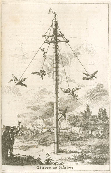 Image title:  Giuoco de Volatori   Place image published:   Cesena   Image publisher:   Gregorio Biasini   Image date:   1780   Image function:  plate; vol  2, following p  182  Technique:  etching  Image dimension height:  21 9 cm   Image dimension width:  14 1 cm   Page dimension height:  26 cm   Page dimension width:  18 1 cm   Materials medium:  ink  Materials support:  paper  Languages:  Italian  Description:  Flying dance of the Mexicas or Aztecs  Includes native Americans with feathered headdresses climbing a pole and another descending from the pole on ropes at the ends of which captive birds fly  At the top another man stands holding a flag  Here the birds are tethered to the cords   Source creator:  Clavigero, Francesco Saverio, 1731-1787  Source Title:  Storia antica del Messico cavata da' migliori storici spagnuoli, e da' manoscritti, e dalle pitture antiche degl' Indiani     Tomo II  Source place of publication:  Cesena  Source publisher:  Per Gregorio Biasini all' Insegna di Pallade  Source date:  MDCCLXXX   1780 