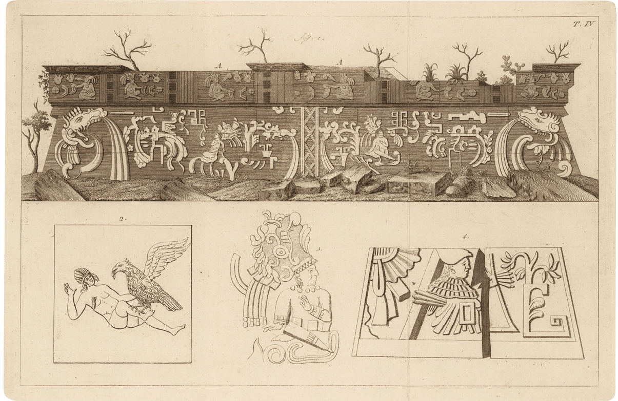 Image title:   Temple of the Feathered Serpent, Xochicalco   Place image published:   Rome   Image publisher:   Presso il Salomoni   Image date:  1804  Image function:  fold-out plate IV  4 ; following p  47  Technique:  engraving  Image dimension height:  18 cm   Image dimension width:  28 1 cm   Page dimension height:  30 cm   Page dimension width:  41 5 cm   Materials medium:  ink  Materials support:  paper  Description:  Row of carvings from the temple of the Feathered Serpent in Xochicalco  Includes images of a native American being eaten by an eagle, flowers, and Aztec figures   Source creator:  Marquez, Pietro, 1741-1820  Source Title:  Due antichi monumenti di architettura messicana      Source place of publication:  Roma  Rome   Source publisher:  Presso il Salomoni  Source date:  1804  notes:  A Mexican Jesuit who left Mexico to go to Italy when the Jesuits were expelled in 1767, Pedro José Marquez wrote in Italian on architecture and fine arts  The ruins of Xochicalco had first been brought to European attention by José Antonio de Alzate y Ramírez in 1791  Xochicalco means  in the House of Flowers  in the Nahuatl language  Quetzalcoatl, the Aztec god, was known as the Feathered Serpent   Time Period:  1801-1850