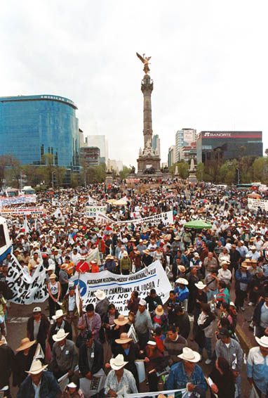 Líderes de las organizaciones campesinas que marcharón del Angel de la Independencia al zócalo capitalino, dirigen un discurso a los miles de campesinos que fuerón llegando a la Plaza de la Constitución   FOTO: Oswaldo Ramírez CUARTOSCURO COM
