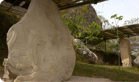 Tríada de los felinos  Este relieve olmeca de más de una tonelada y media de peso, con la imagen de tres felinos, y cuya antigüedad es de aproximadamente dos mil 800 años, puede ser apreciado en la Zona Arqueológica de Chalcatzingo, único sitio prehispánico que se conoce en el Centro de México con grandes bajorrelieves   Foto Héctor Montaño INAH