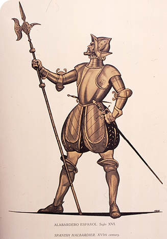 CO 1224  Soldado  Alabardero español  Siglo XVI  Tomado de: León Osorio, Adolfo, La guerra antigua, México, 1952    Reprografía: Marco Antonio Pacheco   Arqueología Mexicana   Raíces 