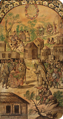 Num  de catálogo  P04767  Autor  González, Juan; González, Miguel  Título  Conquista de México por Hernán Cortés (27, 28 y 29)  Cronología  1698  Técnica  Enconchado; Óleo  Soporte  Lienzo  Materia  Nácar  Medidas  97 cm x 53 cm  Escuela  Hispanoamericana  Tema  Historia  Expuesto  No  Procedencia  Colección Real (Gabinete de Historia Natural, 1839) Se narran en esta tabla tres escenas  En la parte superior tienen lugar dos: por una parte, a la izquierda, un sacrificio en donde se representan unas hoyas, unas mujeres y dos personajes que llevan restos humanos  A la derecha, sin embargo, tiene lugar el castigo que se aplica a dos indios por ser traidores: se les quema en la hoguera  En primer plano la escena principal es la predicación del fraile Bartolomé de Olmedo a Moctezuma (García Saiz, M  C  en: Los Siglos de Oro en los Virreinatos de América 1550-1700, 1999, pp  384-389) 