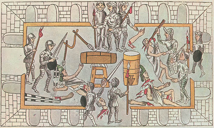 G15J9D Aztec warriors defending the temple of Tenochtitlan against Conquistadors  The siege of Tenochtitlan, the capital of the Aztec Empire, came about in 1521 through the manipulation of Spanish conquistador Hernan Cortes  Though numerous battles were fought b