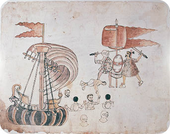 G 9262 Códice Azcatitlan, lámina XXV  Aspectos de la conquista de la ciudad  Se representa una embarcación española, del lado derecho, se aprecia una batalla entre un indígena y un español   Reprografía: Marco Antonio Pacheco   Arqueología Mexicana   Raíces 