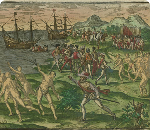 JCB Archive of Early American Images  Record   Accession number:  34724  Record number:  34724-20  JCB call number:  J590 B915v GVL5 1   2-SIZE  Image title:  Franciscus Monteio Lucatanae provinciae praeficitur  Quidam ex Cacicis, foedus cum illo contrahere velle simulans, tragula illum conficere conatur   Place image published:   Frankfurt am Main   Image publisher:   Theodor de Bry   Image date:   1595   Image function:  illustration; Plate 19  Technique:  engraving, hand coloring  Image dimension height:  15 6 cm   Image dimension width:  19 cm   Page dimension height:  34 5 cm   Page dimension width:  23 5 cm   Materials medium:  ink, colors  Materials support:  paper