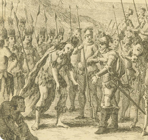 Image title:  The meeting between Cortes & the Principal Cacique and Inhabitants of Cozumel   Place image published:   London   Image publisher:   J  Newbery   Image date:  1761  Image function:  plate; vol  2, following p  8  Technique:  engraving  Image dimension height:  9 6 cm   Image dimension width:  6 cm   Page dimension height:  13 2 cm   Page dimension width:  7 5 cm   Materials medium:  ink  Materials support:  paper  Description:  At a shore, a native American cacique or chief bows toward Hernán Cortés  Both leaders have groups of soldiers holding spears behind them  Includes native American spreading fruits from a basket, feathered headdresses, clothing, and cape, and a horse   Source Title:  The world displayed; or, A curious collection of voyages and travels, selected from the writers of all nations      vol  II   Source place of publication:  London  Source publisher:  Printed for J  Newbery, at the Bible and Sun, in St  Paul's Church-Yard  Source date:  1761  notes:  Volume two contains an account of the conquest of Mexico by Hernán Cortés 