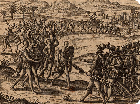 Image title:   Native Americans offer tribute to Spaniards   Place image published:   Frankfurt   Image publisher:   Theodori de Bry, & Ioannis Saurii   Image date:   1598   Image function:  illustration; p  38  Technique:  engraving  Image dimension height:  11 9 cm  (platemark)  Image dimension width:  14 1 cm  (platemark)  Page dimension height:  20 3 cm   Page dimension width:  14 8 cm   Materials medium:  ink  Materials support:  paper  Description:  Native Americans bring tribute to Spaniards 