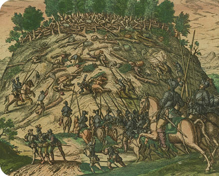 JCB Archive of Early American Images  Record   Accession number:  34724  Record number:  34724-23  JCB call number:  J590 B915v GVL5 1   2-SIZE  Image title:  Petrus Alvaradus missus ab Antonio de Mendozza in Sibollae provinciam, cum plerisque è suis à Xaliscanis occiditur   Place image published:   Frankfurt am Main   Image publisher:   Theodor de Bry   Image date:   1595   Image function:  illustration; plate 22  Technique:  engraving, hand coloring  Image dimension height:  15 1 cm   Image dimension width:  18 8 cm   Page dimension height:  34 5 cm   Page dimension width:  23 5 cm   Materials medium:  ink, colors  Materials support:  paper  Description:  Native Americans roll logs down a hill while European soldiers attack from the bottom  Includes scene of warfare, guns or muskets, horses, and spears   Source Title:   America  Pt 5  Latin  Americae pars quinta nobilis & admiratione plena Hieronymi Bezoni Mediolanensis secundae setionis Hispanorum      Source place of publication:  Franc   Frankfurt am Main   Source publisher:  Theodoro de Bry  Source date:  M D XCV   1595   notes:  Pedro Alvarado, en route for the Moluccas, stopped in Mexico and while there was influenced by the viceroy Antonio de Mendoza, to undertake a search for the fabled Cibola  The native Americans of Jalisco, the Chichimecs, revolted against the Spanish in 1541 in the Mixtón War  While leading Spanish forces against the the Chichimecs, Alvarado was mowed down by a tree trunk or boulder that the defenders were rolling down their hilltop stronghold and pinned under his horse  He subsequently died This work was published by Theodor de Bry and is derived from the second part of Girolamo Benzoni, Historia del mondo nuovo, Venice, 1565  Theodor de Bry's America  Pt  5  Latin  Imprint information from colophon 