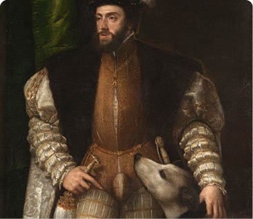 Num  de catálogo  P00409  Autor  Tiziano, Vecellio di Gregorio  Título  El emperador Carlos V con un perro  Cronología  1533  Técnica  Óleo  Soporte  Lienzo  Medidas  194 cm x 112,7 cm x 3,5 cm  Escuela  Italiana  Tema  Retrato  Expuesto  Si  Procedencia  Colección Real (Regalada por Felipe IV a Carlos I de Inglaterra; adquirida en la almoneda de la Commonwealth, 1651 y devuelta a Felipe IV; Palacio Real Nuevo, Madrid, primera sala de la Furriera, 1747, n  13) 