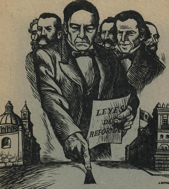 02  Alberto Beltrán, Las Leyes de Reforma, grabado  Imagen tomada de la portada del libro: Agustín Cue Canovas, La Reforma Liberal en México, México, Ediciones Centenario, 1960 
