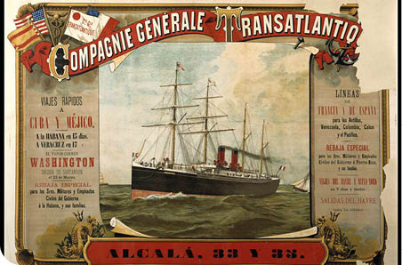 Título Viajes rápidos a Cuba y Méjico Compagnie Générale Transatlantique   Autor Compagnie Générale Transatlantique (Francia)  Lithographie F  Appel (París)  Fecha 1891  Datos de edición  París Compagnie Générale Transatlantique Paris Lithographie F  Appel, Parrot & Cie, Succrs , 12, Rue du Delta Tipo de Documento Dibujos, grabados y fotografías Materia Compañías de navegación - Francia   Barcos - España - S XIX   Carteles - España - S XIX   Carteles publicitarios   Cromolitografías - España - S XIX   Descripción física 1 cartel (1 h ) cromolitografía   PID bdh0000032927 Colecciones relacionadas Obras Maestras   Historia de España   Carteles publicitarios Descripción y notas Texto del cartel:  Compagnie Générale Transatlantique   Viajes rápidos   a   Cuba y Méjico    A la Habana en 13 días    A Veracruz en 17   El vapor -correo   Washington   saldrá de Santander   el 22 de Marzo   Rebaja especial   para los Sres  Militares y Empleados   Civiles del Gobierno   á la Habana, y sus familias       Memoria de la seducción : carteles del siglo XIX en la Biblioteca Nacional, p  230, 361, n  176  Fecha de publicación tomada de la fecha de ingreso en la Biblioteca_http:  bdh bne es bnesearch detalle bdh0000032927