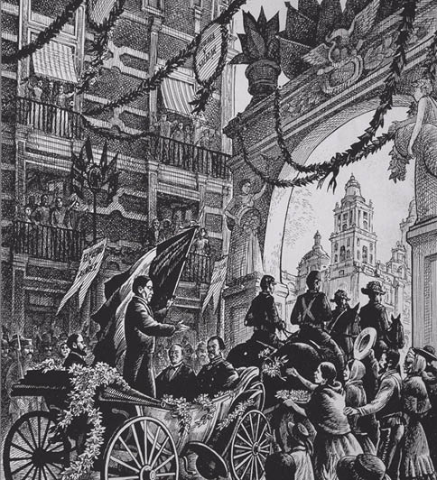 El día 15 de julio de 1867 el presidente Benito Juárez entró en triunfalmente a la ciudad de México después de que los ejércitos republicanos derrotaron al último reducto del imperio de Maximiliano   ALBERTO BELTRÁN, ENTRADA DE BENITO JUÁREZ A LA CIUDAD DE MÉXICO, 1867, LINOGRAFÍA 15X18 CM , COL  ACADEMIA DE ARTES