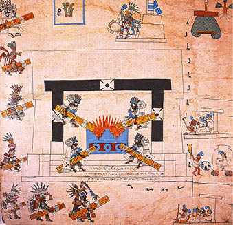 CÓDICE BORBÓNICO, AZTECA, LÁMINA 34  FIESTA DEL FUEGO NUEVO  EN ESTA ESCENA CUATRO SACERDOTES ENCIENDEN SUS TEAS EN EL FUEGO DEL TEMPLO MAYOR PARA LUEGO LLEVARLO A LAS CUATRO PARTES DE LA CIUDAD Y MÁS TARDE A LAS CUATRO PARTES DEL MUNDO SOMETIDAS A TENOCHTITLAN  EL TEMPLO DONDE SE REALIZA ESTA CEREMONIA TIENE UN PÓRTICO EN CUYO DINTEL Y PILARES SE DIBUJÓ UNA CRUZ DE MALTA DIVIDIDA EN CUATRO PARTES Y UN CENTRO, QUE EN ESTE CASO INDICA LA CUATRIPARTICIÓN DEL COSMOS  TAMBIÉN LOS SACERDOTES TIENEN POR OJOS LA MISMA CRUZ DE MALTA    REPROGRAFÍA: MARCO ANTONIO PACHECO   RAÍCES 