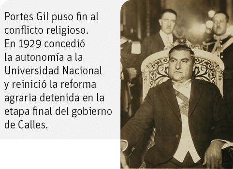 Portes Gil puso fin al conflicto religioso  En 1929 concedió la autonomía a la Universidad Nacional y reinició la ref   