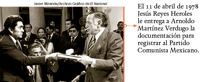 El 11 de abril de 1978 Jesús Reyes Heroles le entrega a Arnoldo Martínez Verdugo la documentación para registrar al P   